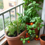 Small balcony garden with herbs and vegetables