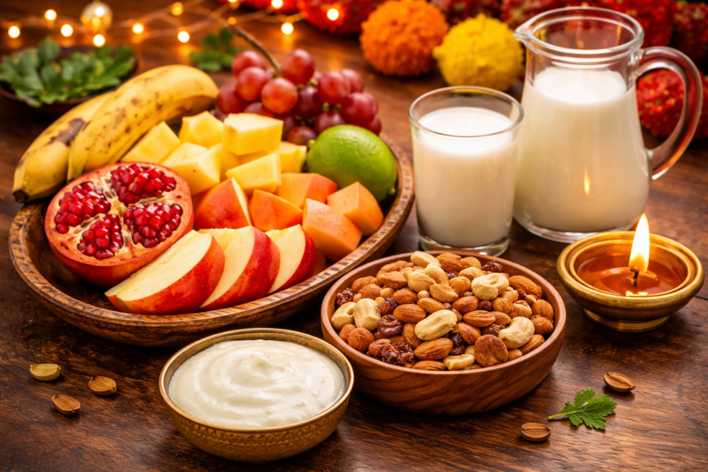 Navratri fasting foods fruits milk nuts arranged on wooden table with diya lamp”