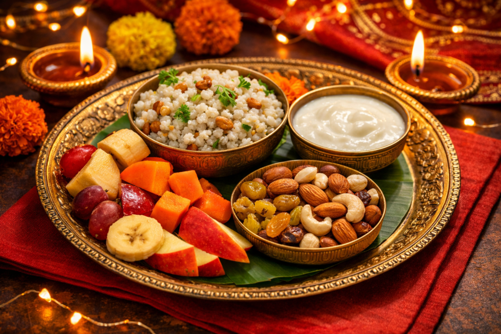 Navratri fasting thali with diya lights